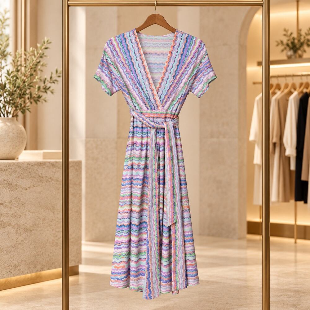 BCBGMAXAZRIA Avery Multicolor Short Sleeve Belted Surplice Dress NWT Small